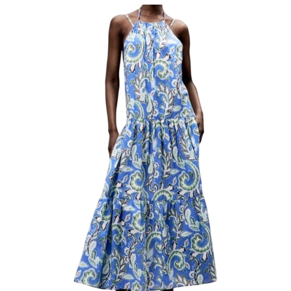 ZARA Paisley‎ Tiered Maxi Dress Halter Neck Bohemian beach flowy 90s sz L